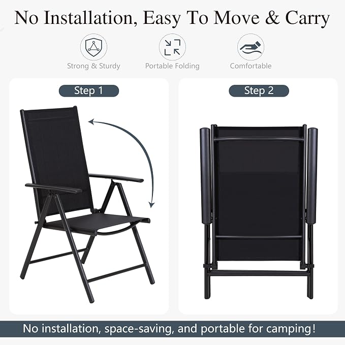 Sophia & William Patio Dining Set for 8, 8 Person Outdoor Dining Table Set Large Square Metal Patio Table and 8 Foldable Textilene Patio Chairs, Black, 1.57"-1.9" Adjustable Umbrella Hole