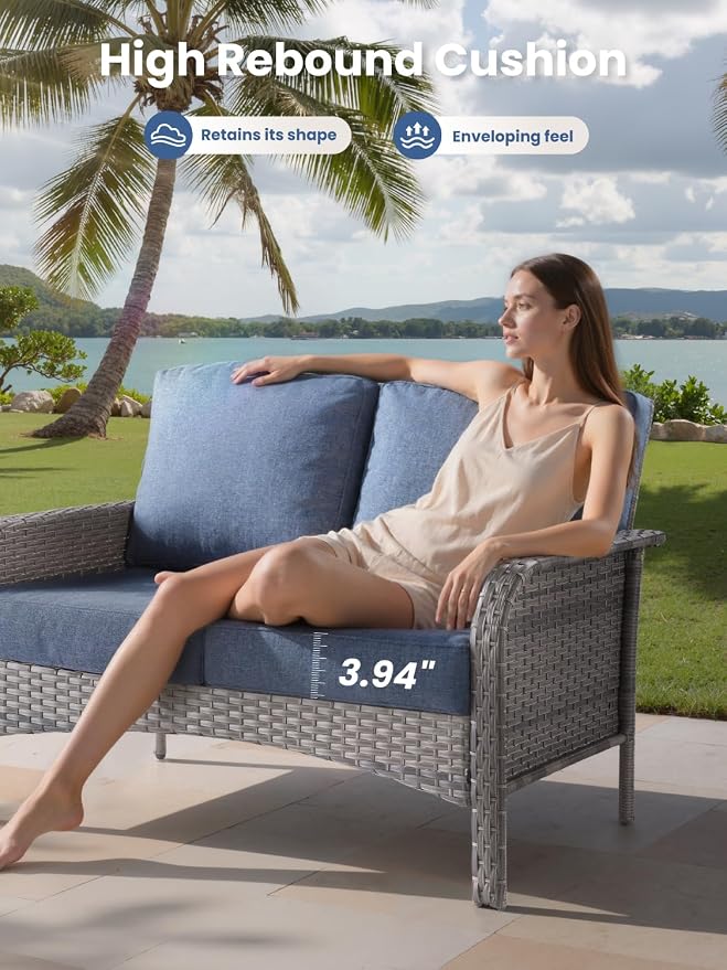 5-Piece Outdoor Patio Furniture Set with Swivel Chairs, Outdoor Conversation Wicker Sofa with Coffee Table, Rattan Couch for Deck Yard Poolside, Blue