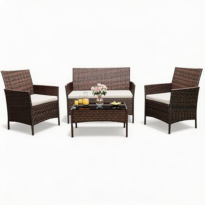 GarveeTech ﻿4 Pieces Patio Furniture Set, Rattan Patio Conversation Set with Coffee Table, Outdoor Furniture Set for Garden, Porch, Lawn & Balcony(Brown & Beige)