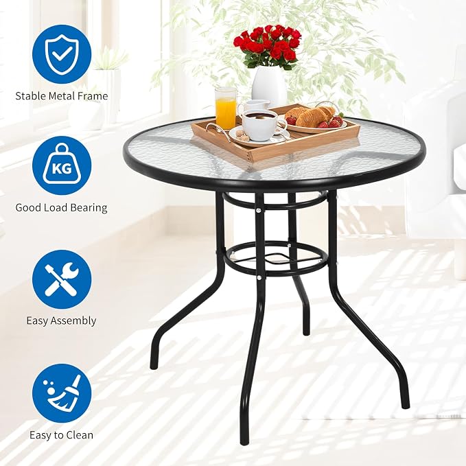 32" Outdoor Patio Table with Umbrella Hole Round Outdoor Coffee Table Tempered Glass Top, All Weather Dining Table Bistro Table Suitable for Backyards, Balconies, Gardens and Lawns (Round)