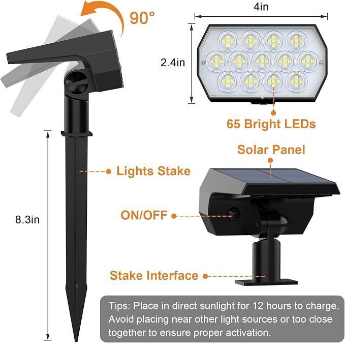 WELALO Solar Spot Lights Outdoor, [2 Pack/65 LED/3 Modes] Solar Landscape Spotlights, Solar Powered Security Lights, IP68 Waterproof Wall Lights for Outsides Walkway Yard Garden Driveway(Cool White) | 3 Lighting Modes, 2 Pack Solar Spot lights for Outs...