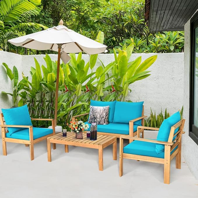 HAPPYGRILL 4 Pieces Wood Patio Conversation Set, Outdoor Furniture Set Wood Sofa Table Set with Cushions, Acacia Wood Chairs & Coffee Table Set for Garden Backyard Poolside