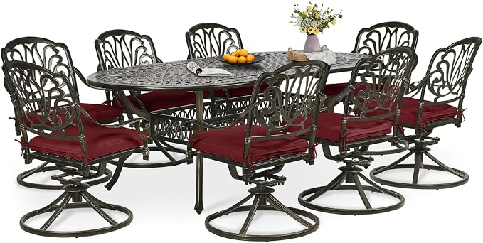 9-Piece Patio Dining Set, Outdoor Patio Table and Chair Set of 84” Oval Cast Aluminum Dining Table with Umbrella Hole, 8 Patio Dining Swivel Chairs Padded, Patio Funiture Set, Red