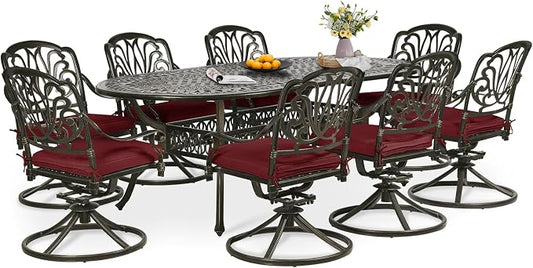 9-Piece Patio Dining Set, Outdoor Patio Table and Chair Set of 84” Oval Cast Aluminum Dining Table with Umbrella Hole, 8 Patio Dining Swivel Chairs Padded, Patio Funiture Set, Red