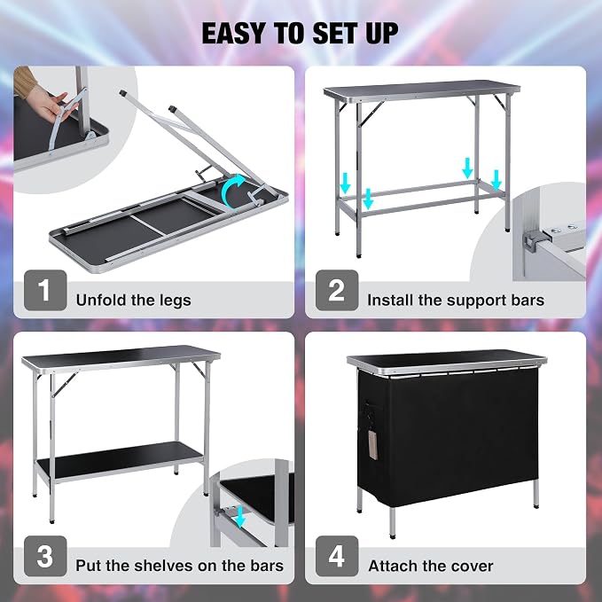 REDCAMP Portable Double Bar Table with Multi-Color LED Lights, Pop Up Folding Mobile Bar Bartender Station Podium Table for Events, Party, Camping, Tradeshow, Exhibition, Easy Setup, Black,43"x33"x15"