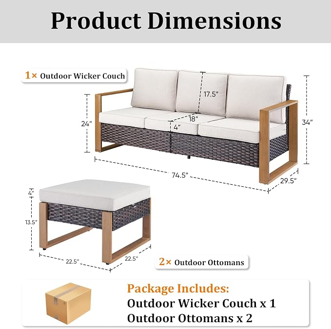 3 Pieces Patio Sofa Set with Metal Arm, High Back Wicker Sectional Outdoor Sofa with Ottomans, Outdoor Seating Furniture High Back Conversation Set for Balcony Deck Porch Backyard, Beige