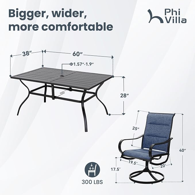 PHI VILLA Patio Dining Set for 6, Metal Table & Swivel Padded Chairs, Blue | High back padded chairs，All weather reistant, Rectangular metal table, 7 piece, Umbrella hole, Patio deck backyard