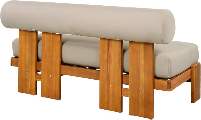 Merax 2 Piece Patio Loveseat & Coffee Table Set with Acacia Wood Frame, Waterproof Cushions & Round Backrest for Garden, Deck & Balcony, Light Brown+Teak