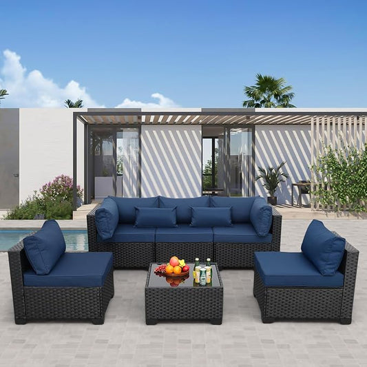 Rattaner Patio Sectional 6 Pieces All-Weather Wicker Patio Furniture Set Outdoor Sectional with Glass Table Non-Slip Cushions and Waterproof Cover, Navy Blue