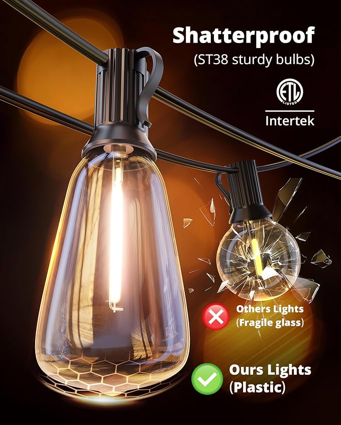VIPAR Outdoor String Lights, 60FT LED Patio Lights Waterproof 28 ST38 Bulbs | Shatterproof,Edison Outside Lights,Plug-In,2700K Dimmable, Connectable, Hanging Light for Porch Garden Backyard Deck Balcony