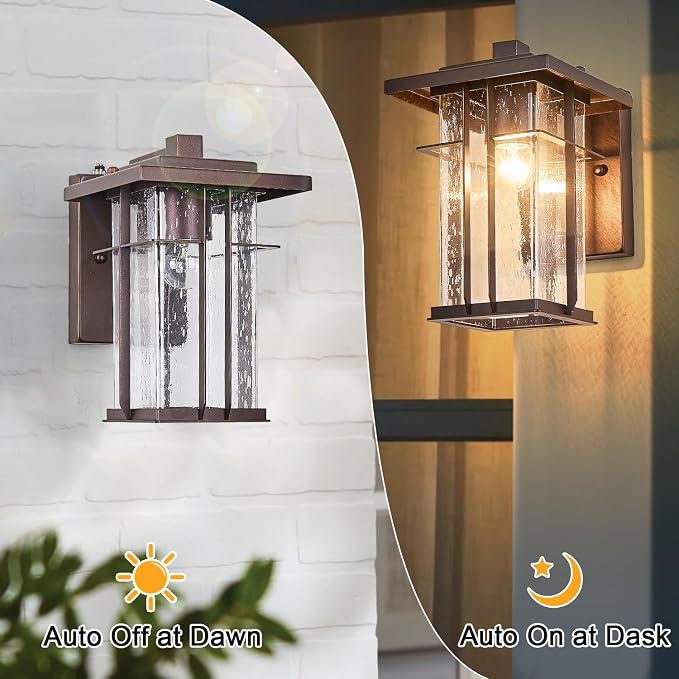 Dusk to Dawn Outdoor Wall Light 2 Pack Outside Wall Lamp Oil Rubbed Bronze Exterior Light Fixtures Wall Mount 10"H Garage Light Outdoor IP65 Porch Light with Seeded Glass Exterior Wall Sconces