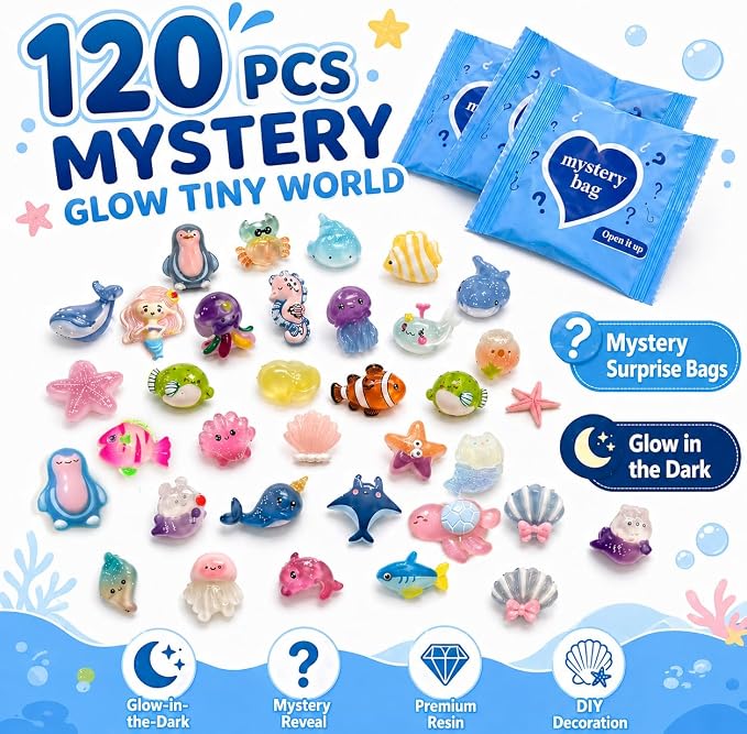120Pcs Mini Resin Animals Blind Bag,Tiny Animal Figurines For Garden Decor | Glow In The Dark,Individually Wrapped Mystery Bags,Sea Creatures,Ideal Gift