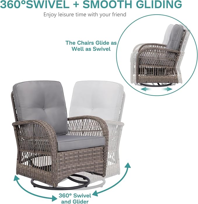 MEETWARM 3 Pieces Outdoor Wicker Swivel Rocker Patio Set, Rocking Chairs Rattan Patio Furniture Sets with Thickened Cushion and Glass-Top Coffee Table, Conversation Bistro Set for Porch (Gray)