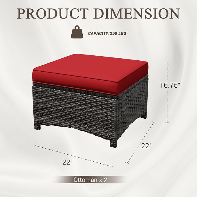Outdoor Wicker Ottoman Set of 2, Patio Swivel Rattan Ottoman with Thick Cushions, Ideal for Backyard, Garden, Poolside, Red