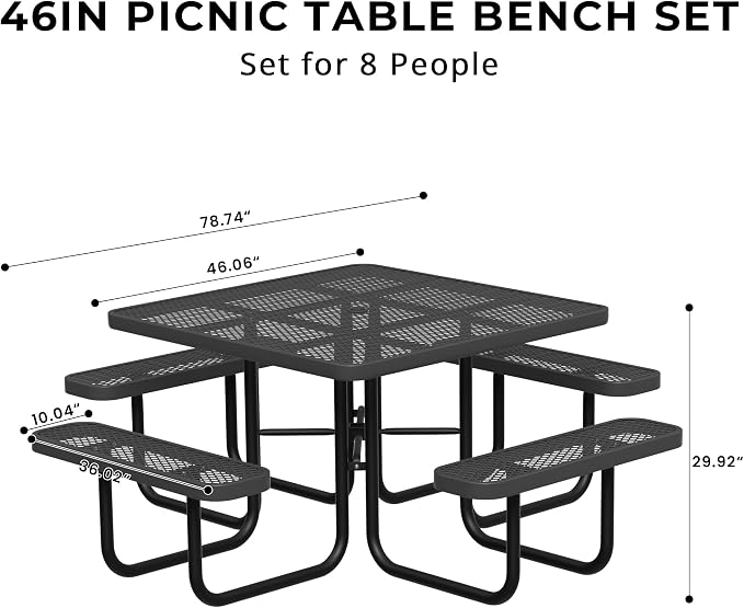 All-Weather Square Outdoor Picnic Table, Commercial Picnic Table Bench Set with Umbrella Hole, Thermoplastic Coated Metal Dining Tables for School, Stores, Park, Patio, Yard, Black