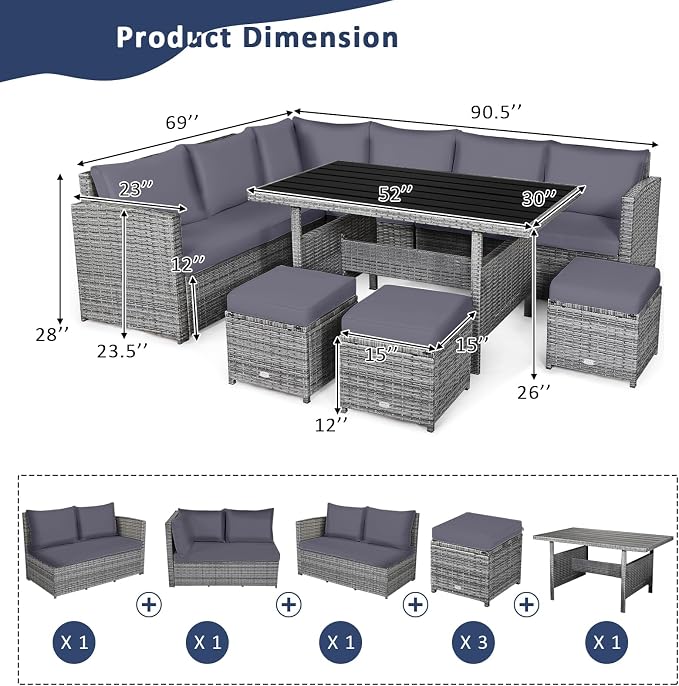 Tangkula 7 Pieces Patio Furniture Set, Outdoor Sectional Rattan Sofa Set with Cushions, All Weather Wicker Conversation Couch Set w/Dining Table & Ottomans for Backyard Garden Poolside (Grey)