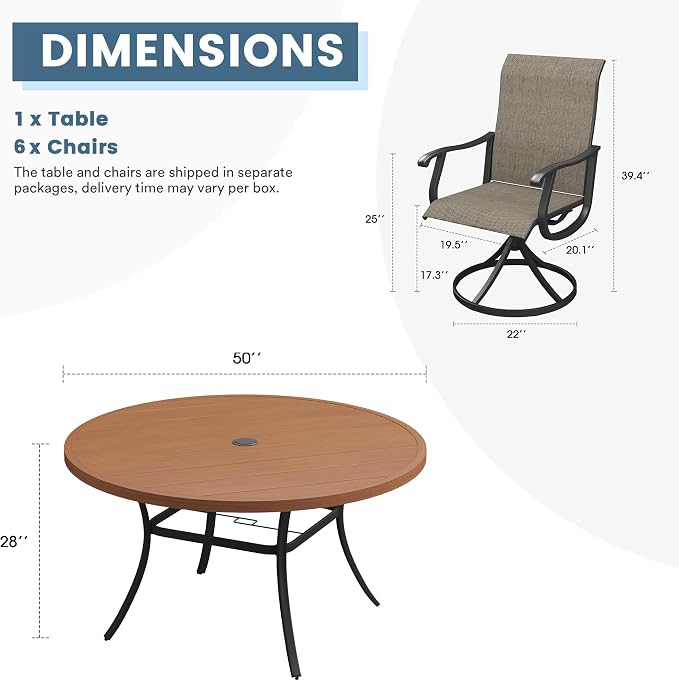 DIFY Outdoor Dining Set for 6, 7 Piece Patio Table and Chairs Set, Swivel Patio Dining Chairs with Brown Textilene & 50" Walnut Round Metal Dining Table with Umbrella Hole, for Garden Backyard Deck