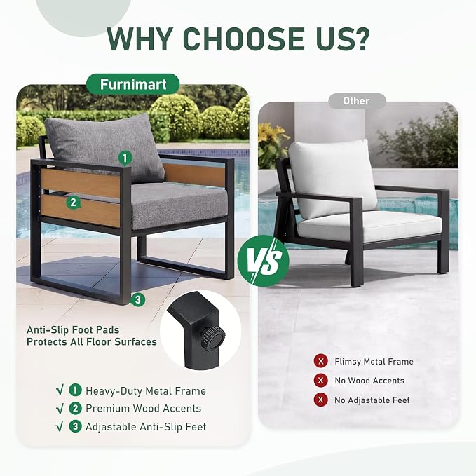 Furnimart Patio Furniture Set, 3-Piece Metal Outdoor Sectional, 2-Seat Patio Conversation Set with Deep Seating, Thick Cushions & Coffee Table for Backyard, Porch & Deck, Gray