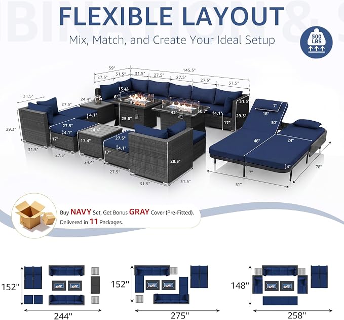 NICESOUL 18 Piece Patio Furniture Set with Fire Pit Table and Chaise, 29.3'' High Back Outdoor Wicker Couch Sets with Firepit and Lounger, 500 lbs Heavy Duty 14-Seat Outdoor Sectional, Gray & Navy