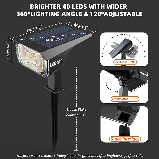 LEREKAM 3 Brightness Modes Solar Outdoor Lights, 360 Degree Adjustable Lighting Angle with 40 LED's, Spotlights Outdoor Waterproof Auto On or Off Solar Garden Lights 8 Pack