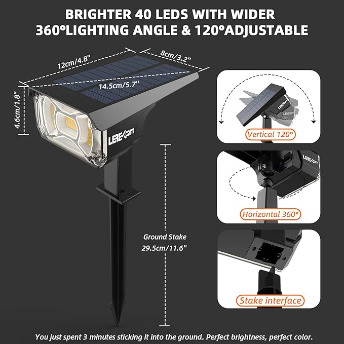 LEREKAM Solar Spot Lights Outdoor Landscape Light, 40 LEDs Solar Landscape Spotlights Outdoor Waterproof Auto On/Off Garden Lights, Outdoor Solar Lights for Yard Palm Tree Driveway Patio Pool