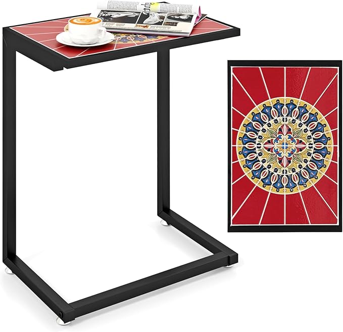 Giantex Mosaic C-Shaped Outdoor Side Table with Sturdy Metal Frame and Adjustable Foot Pads, 110 Lbs Capacity, Patio End Table for Sofa Side, Living Room, Bedroom, Outside (1)