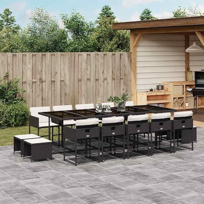 14-Seater Garden Dining Set, Rectangular PE Rattan Outdoor Patio Furniture with Powder-Coated Steel Frame, Black and Cream