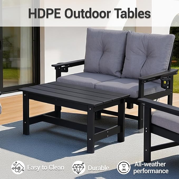 5-Piece HDPE Patio Conversation Set w/ 4 Cup Holders, All-Weather Outdoor Sectional Furniture, Thick Washable Cushions, Coffee Table & Side Table for Backyard Porch Poolside, Black