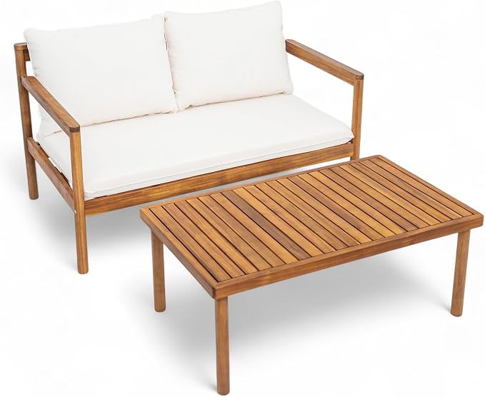 Christopher Knight Home Vorms 5-Piece Acacia Wood Patio Furniture Set with Rope Backrest, Patio Conversation Chat Set for Backyard Balcony, Outdoor 7-Seater Seating Group with Coffee Table, Teak+Cream