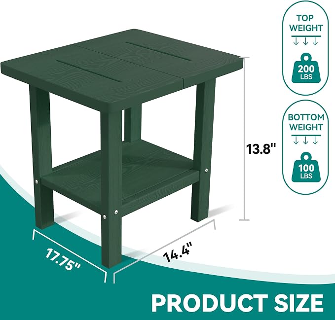 PLUUV Outdoor Side Table, 2-Tier Storage Patio Side Table, All Weather HDPE Adirondack End Table Outdoor for Patio, Garden, Balcony & Living Room, Dark Green