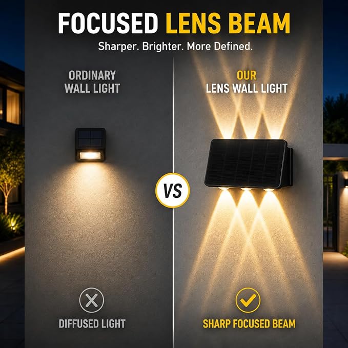 Solar Wall Lights Outdoor, 6 LED Solar Powered Wall Wash Light, Up and Down Lighting, IP65 Waterproof Exterior Fence Lights, Warm White, Auto On/Off for Patio, Fence, Garage, Garden, Yard