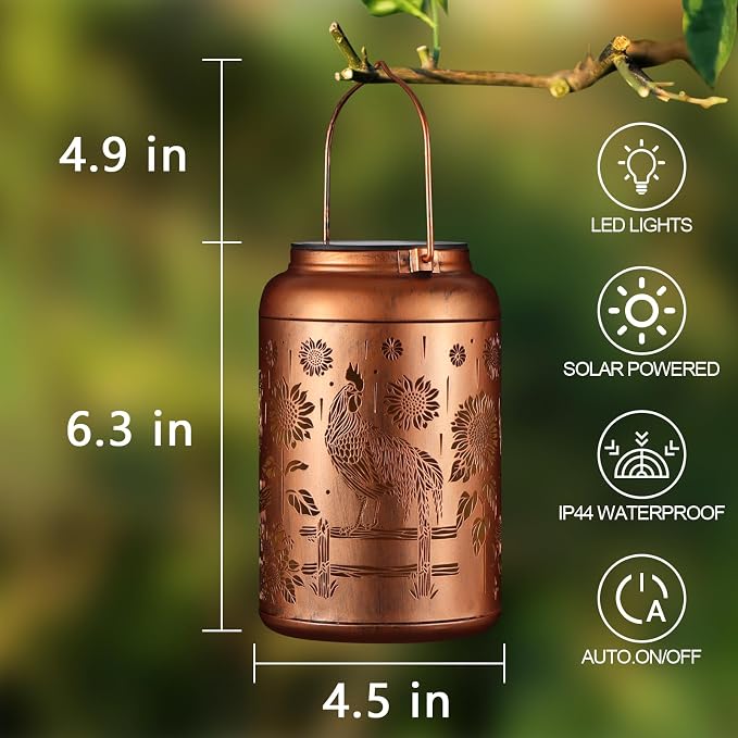Rooster Solar Lanterns Outdoor Waterproof Garden Decor Gifts for Women | Metal Hanging Solar Lights Birthday Gifts for Grandma Mom Solar Decoration Outside for Yard, Patio, Backyard, Porch