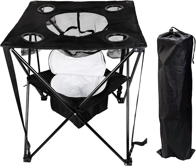 OVENTE Collapsible Folding Camping Table with Insulated Cooler, 4 Cup Holders, Food Basket and Travel Bag, Portable Tailgating Table for Fishing, Outdoor Barbecue or Beach Parties, Black POTC0014B