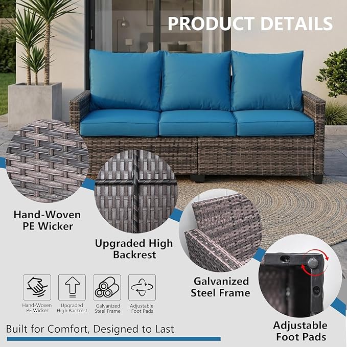 LAUSAINT HOME 3 Pieces Outdoor Patio Furniture, Outdoor Sectional Sofa Patio Furniture Sets Wicker Rattan Patio Conversation Sets with Cushion and Glass Table (Peacock Blue)
