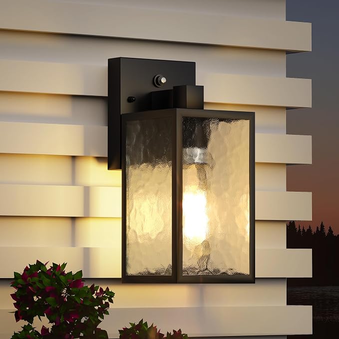 Dusk to Dawn Exterior Lighting Fixtures Outdoor Porch Light Wall Sconce | 10.65 inch, Anti-Rust Metal Frame, Tempered Glass, E26 Base, Waterproof, Sensor Wall Lantern for Patio, Garage, Entryway