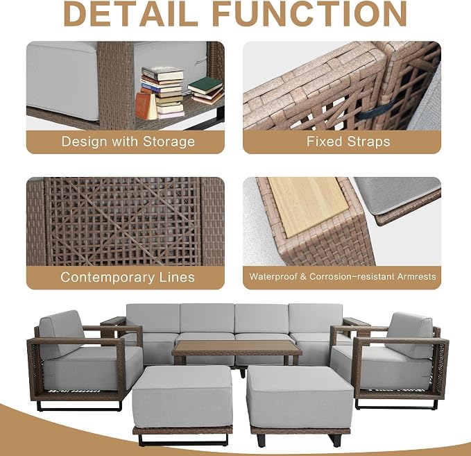 10 Pieces Outdoor Patio Furniture Set, PE Rattan Weaving Sofa with 10 inch Thick Cushions, Dining Table and Coffee Table with Steel Frame and Wooden Board, Brown/Light Gray Linen