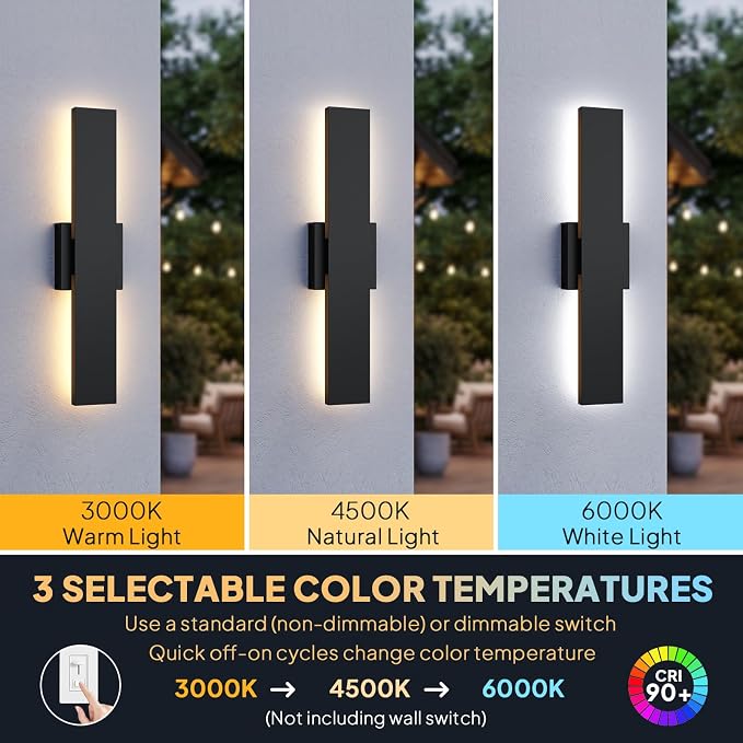2 Pack LED Outdoor Wall Lights Dimmable, 3000K/4500K/6000K, 15.7" Modern Black Outdoor Wall Sconce, Linear IP65 Waterproof Exterior Wall Light Fixture for Entrance, Hallway, Garage, Porch