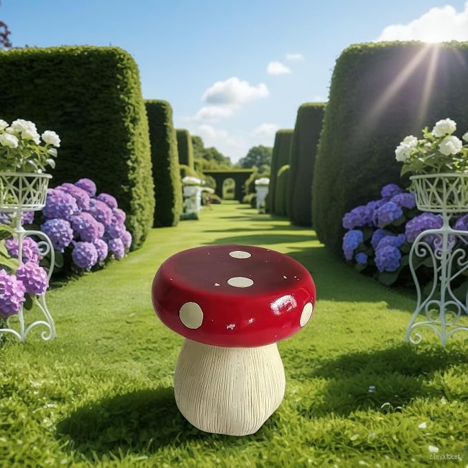 Large Mushroom Statue Stool – 13.4" Resin Garden Sculpture with Forest Base, Red Art Deco Outdoor Decor for Lawn Patio Courtyard, Weatherproof Decorative Stool, Unique Garden Gift