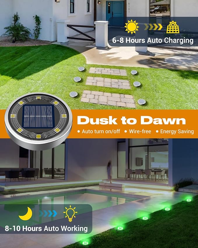 btfarm 16 Pack Solar Lights Outdoor, 8 LED Solar Ground Lights IP65 Waterproof Flat Solar Disc Light, Pathway Lights for Garden Lawn Patio Yard Path Landscape, Green