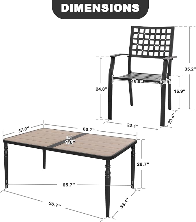 NUU GARDEN 7-Piece Outdoor Dining Chair and Table Set, 6 Stackable Metal Dining Chairs, 61" x 37" Rectangle Metal Dining Table with 1.6" Umbrella Hole, for Backyard, Deck, Yard, Garden, Black