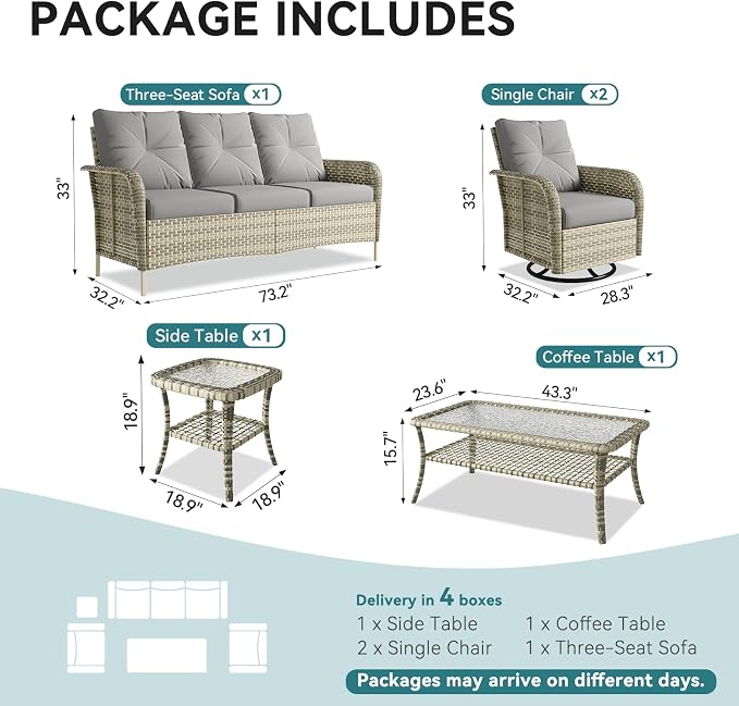 LazySunsets 7 Piece Outdoor Patio Furniture Set with Coffee Table, Wicker Rattan Outdoor Furniture with High Back Swivel Rocker Chairs, Outdoor Conversation Sets with Thick Cushions, Grey