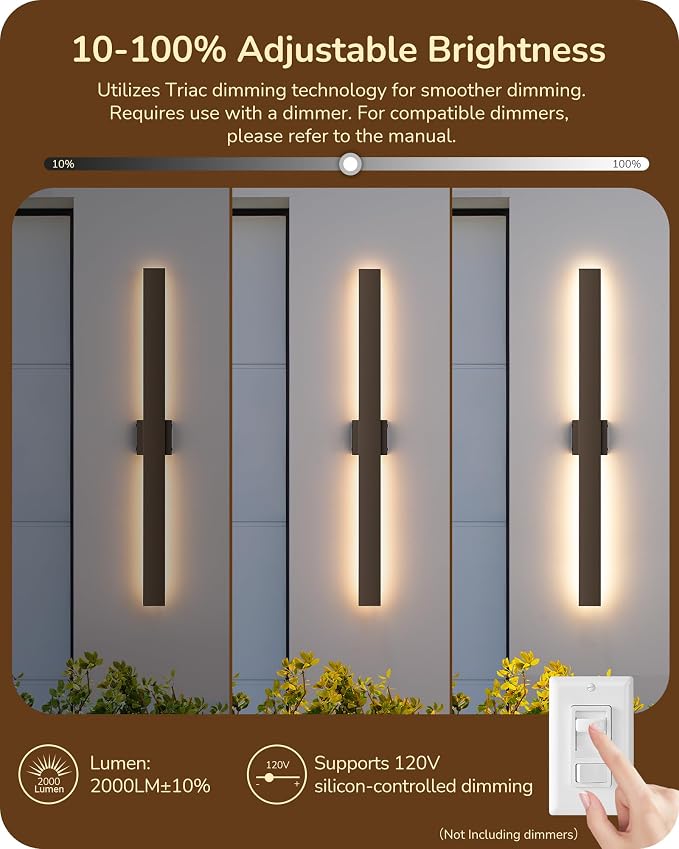 EDISHINE 2 Pack Modern Outdoor Wall Lights Dimmable, 39.3" Rectangular Outdoor Wall Sconce, 3CCT, Iron & PC, IP65 Waterproof, Long Front Porch Light for Patio, Yard, Oil Rubbed Bronze