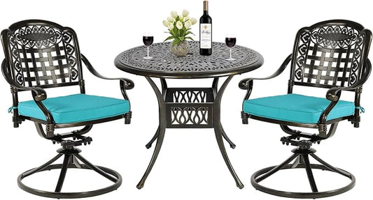 MEETWARM 3-Piece Outdoor Patio Dining Set, All-Weather Cast Aluminum Patio Conversation Set, 2 Cushions Swivel Rocker Chairs and 35.4" Round Table for Backyard Garden Deck, Umbrella Hole, Ocean Blue