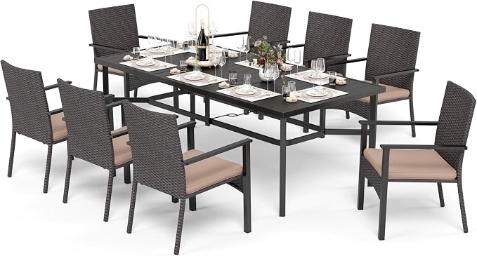 MFSTUDIO 9 Pieces Patio Dining Set for 8, Outdoor Rectangular Metal Table & Rattan Chairs, Patio Table Set for 8 and Chairs