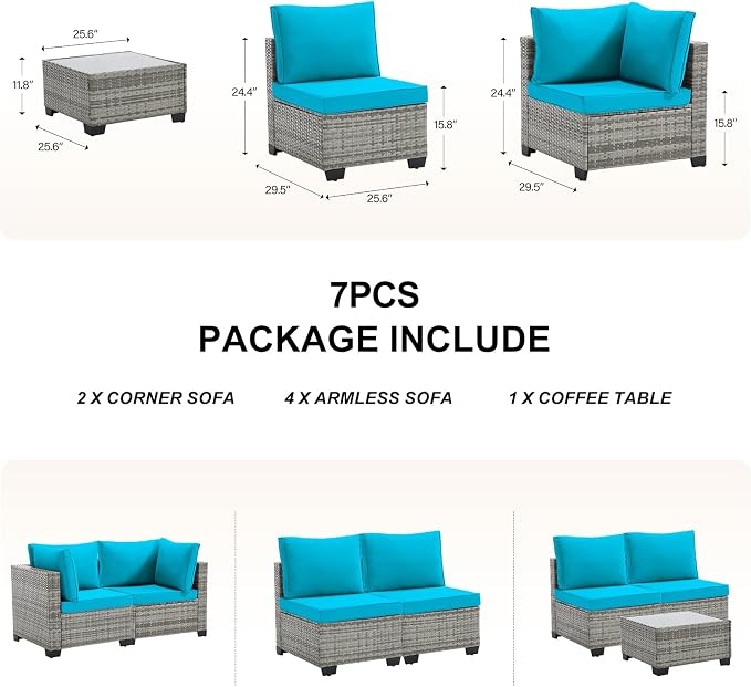 CANMOV 7 Pieces Patio Furniture Sets, All Weather Outdoor Patio Conversation Set, PE Wicker Rattan Sectional Sofa Couch Glass Coffee Table Washable Cushions for Backyard Garden, Porch, Peacock Blue