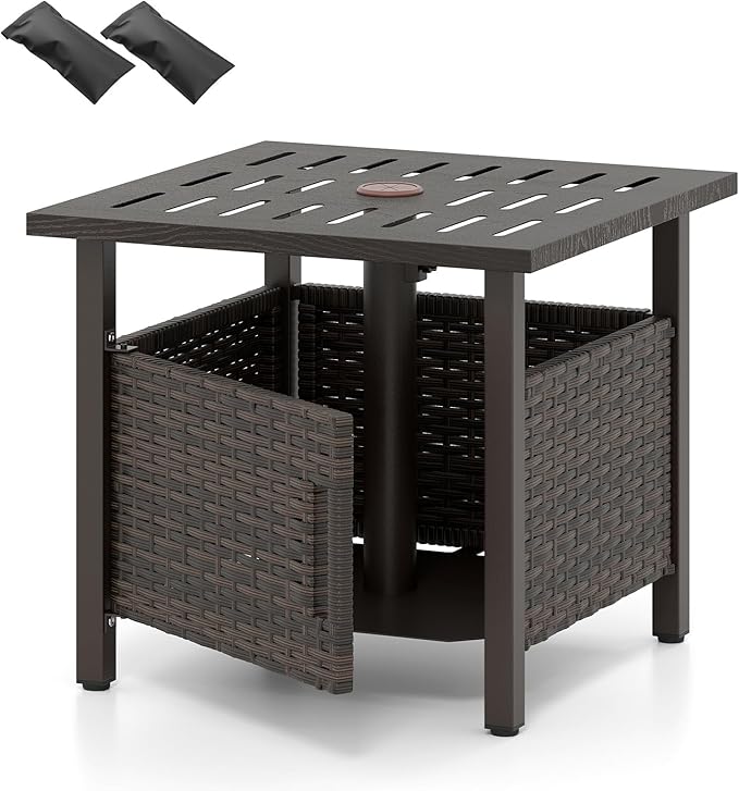 RELAX4LIFE Wicker Outdoor Side Table - Rattan Square Patio End Table with 1.93’’ Umbrella Hole, 2 Weighted Sand Bags & Rustproof Frame, Outside Umbrella Stand for Garden Deck Porch Poolside Backyard