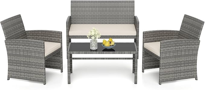 RELAX4LIFE 4-Piece Patio Furniture Set - Wicker Rattan Outdoor Sectional Sofa Set w/Glass Coffee Table, Loveseat, 2 Chairs & Soft Cushions, Bistro Conversation for Garden Porch (1, Grey-Off White)
