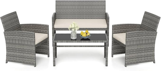 RELAX4LIFE 4-Piece Patio Furniture Set - Wicker Rattan Outdoor Sectional Sofa Set w/Glass Coffee Table, Loveseat, 2 Chairs & Soft Cushions, Bistro Conversation for Garden Porch (1, Grey-Off White)