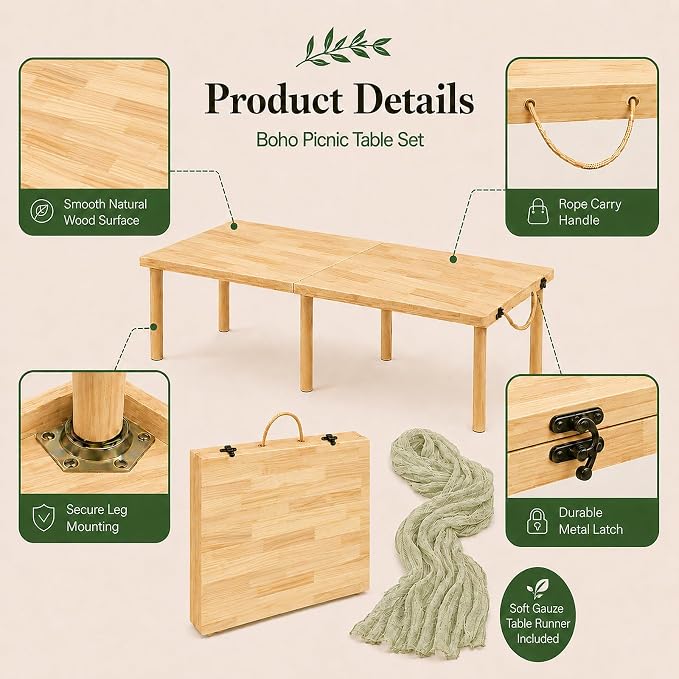 Folding Picnic Table with Table Runner, 60" x 30" Portable Boho Low Picnic Table for 6 Person, Large Wooden Floor Table for Camping, Beach, Garden, Party, Tool-Free Assembly, 165 lbs Capacity