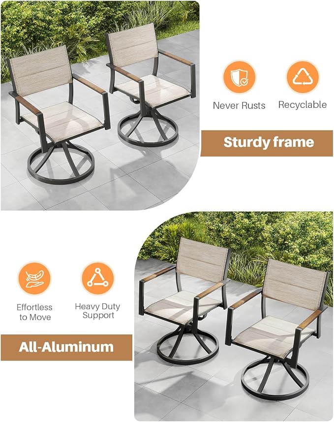Swivel Patio Chairs Set Set of 2, Never-Rust Aluminum Outdoor Dining Chairs, Patio Swivel Dining Chairs with Upgraded 3D Double-Layer Textilene, Outdoor Swivel Chairs for Deck, Garden, Teak